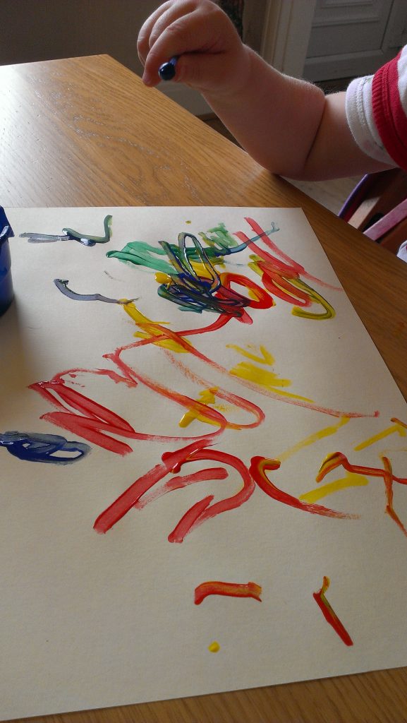 Early mark making with cotton puds and poster paint