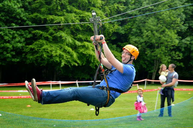 Neil on the zip wire at Geronimo Festival