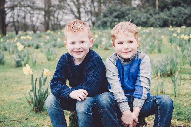 Little boys sitting on a tree stump - best friends.