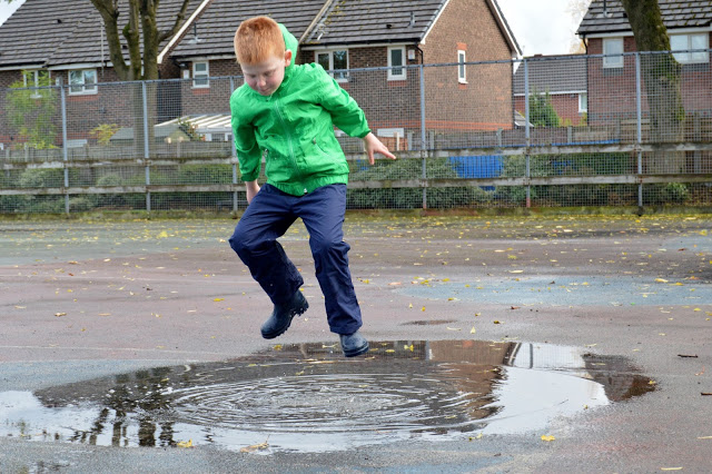 puddle jumping in Muddy Puddles Puddlefleece Trousers