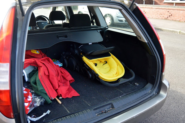 Icandy raspberry pushchair in the boot of a Ford Mondeo