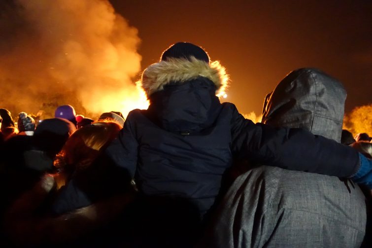 Ben watching York Maze bonfire with Grandad and Aunty Nic