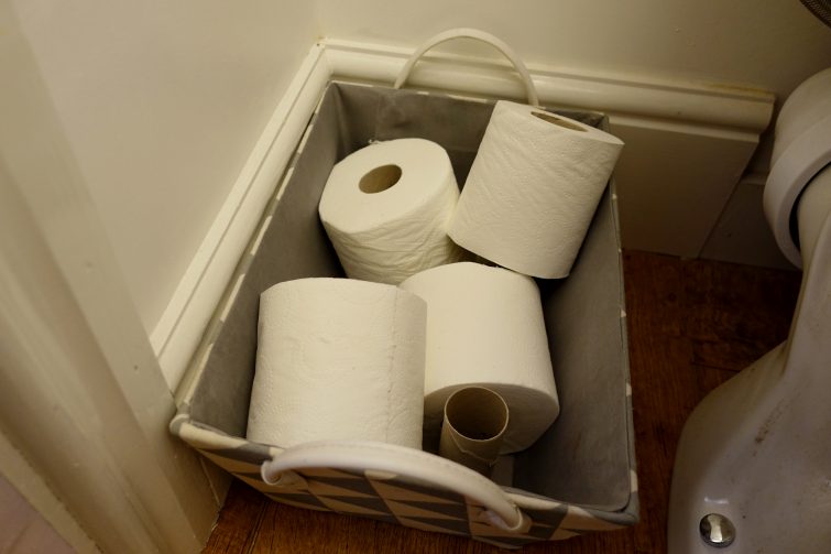 toilet roll storage basket in downstairs toilet