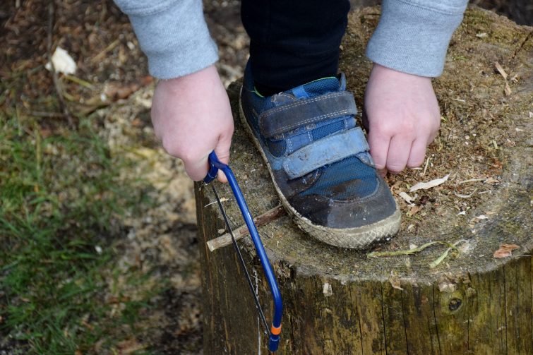 Small boy chopping sticks with a saw