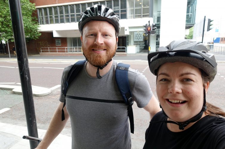 Colette & Dave outside the old MMU Student Union with Piri Allergy