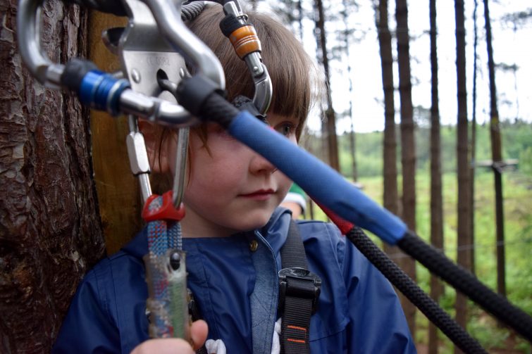 Chloe feeling nervous about the zip wire