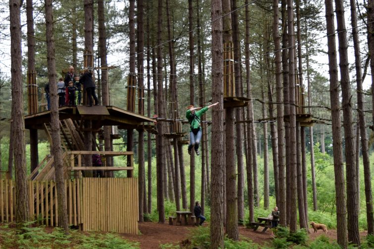 Dabbing on the zip wire at Go Ape, Delamere Forest