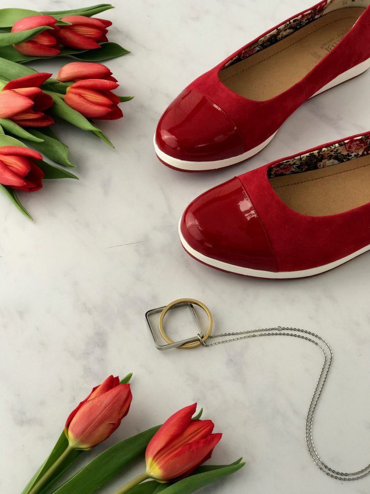 Red patent toe caps, suede pumps
