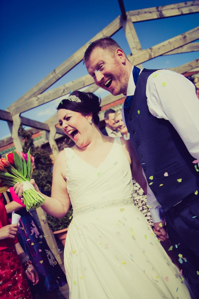 York Maze wedding - Bride and groom with confetti