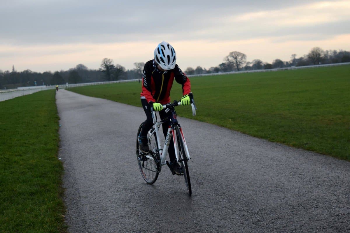 Boy on Bradley Wiggins road bike at York Racecourse