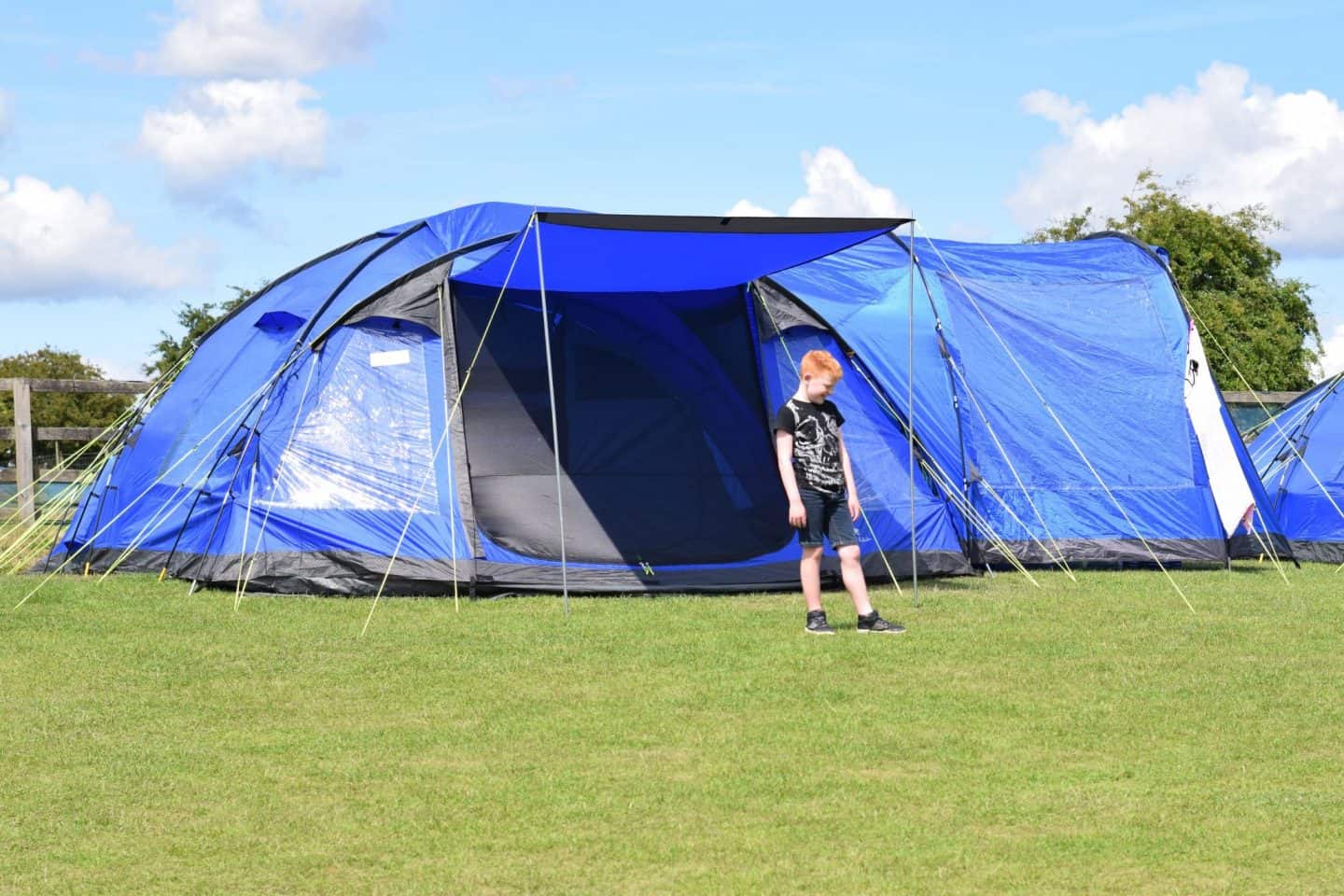 Large blue tent in the sunshine -camping / UK staycation (Eurohike Bowfell)