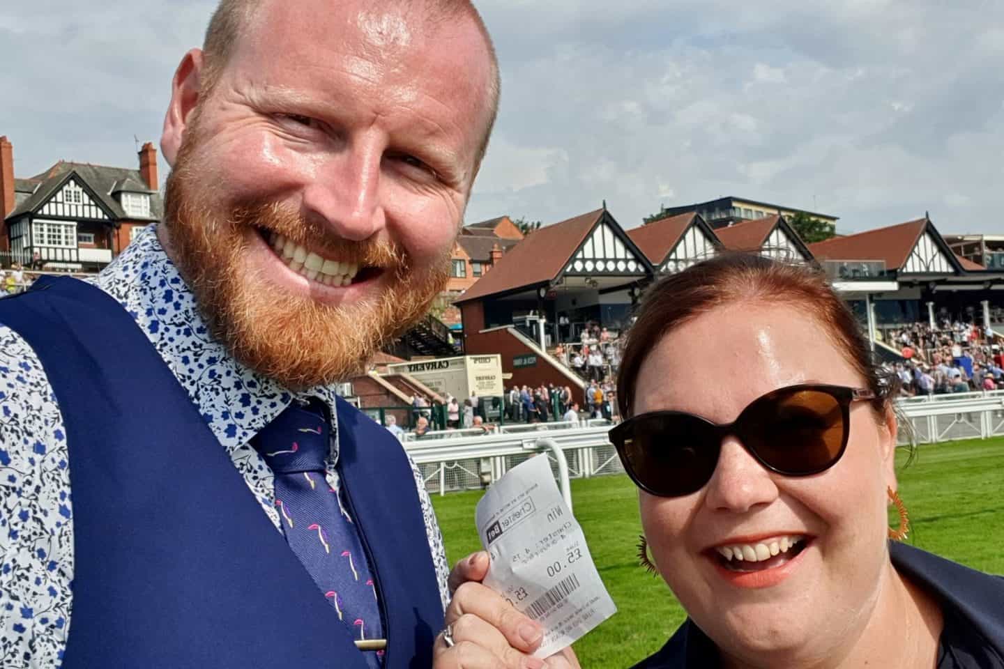 Husband and wife with winning ticket at Chester Races