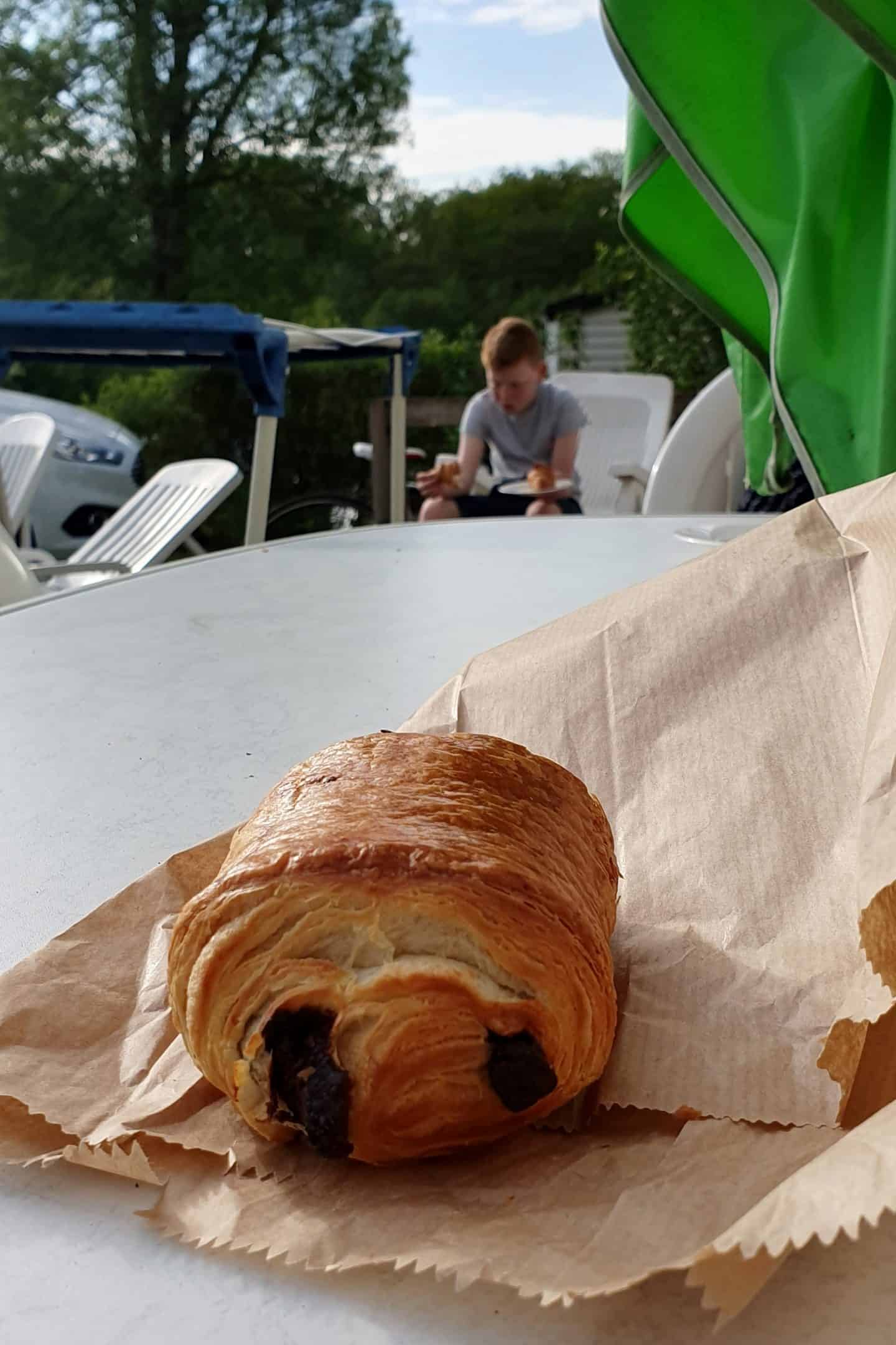 Freshly baked pain au chocolat from Les Alicourts campsite shop - standard Eurocamp breakfast!