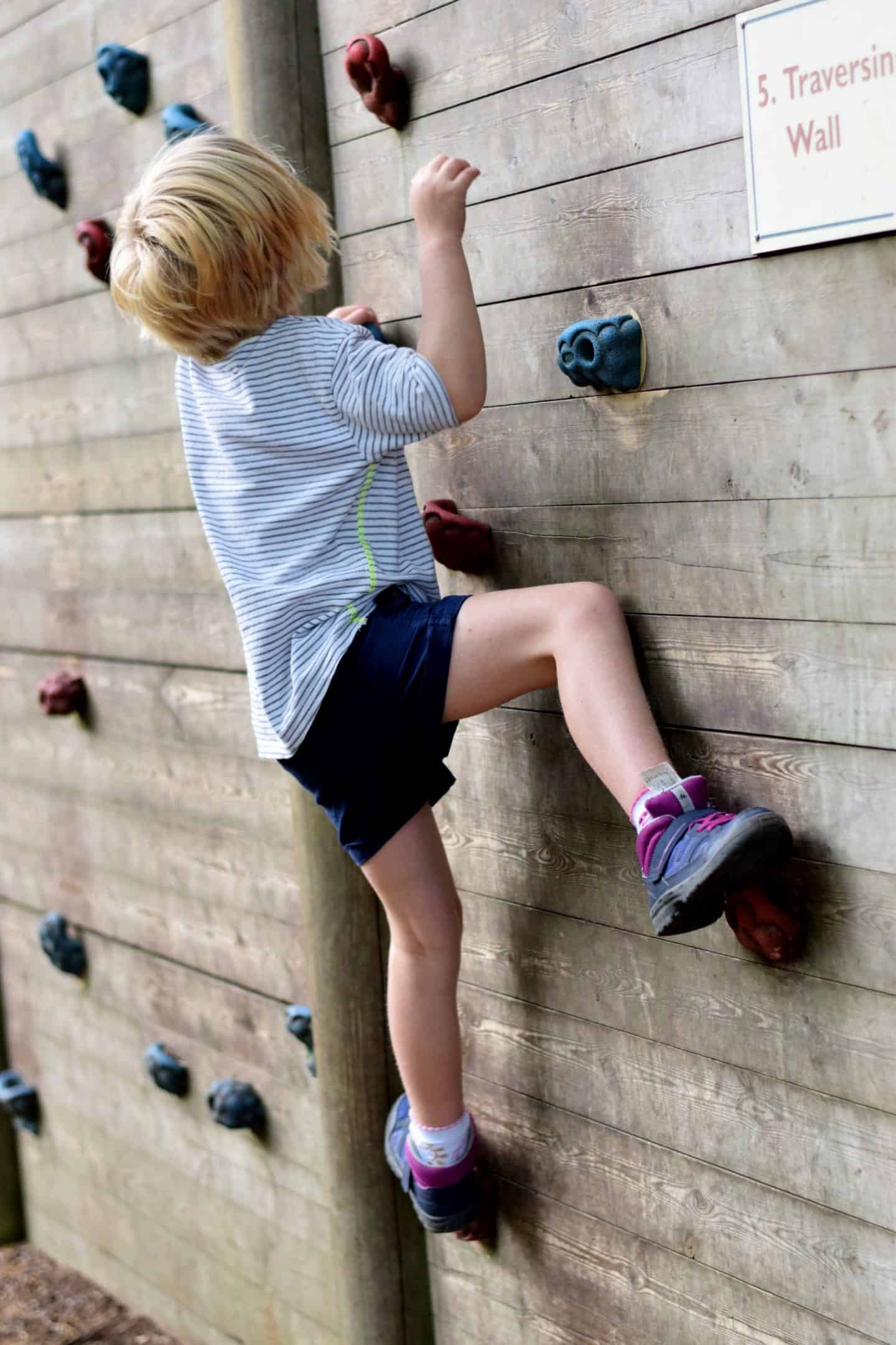 Little girl on the Traversing Wall at Landal Darwin Forest