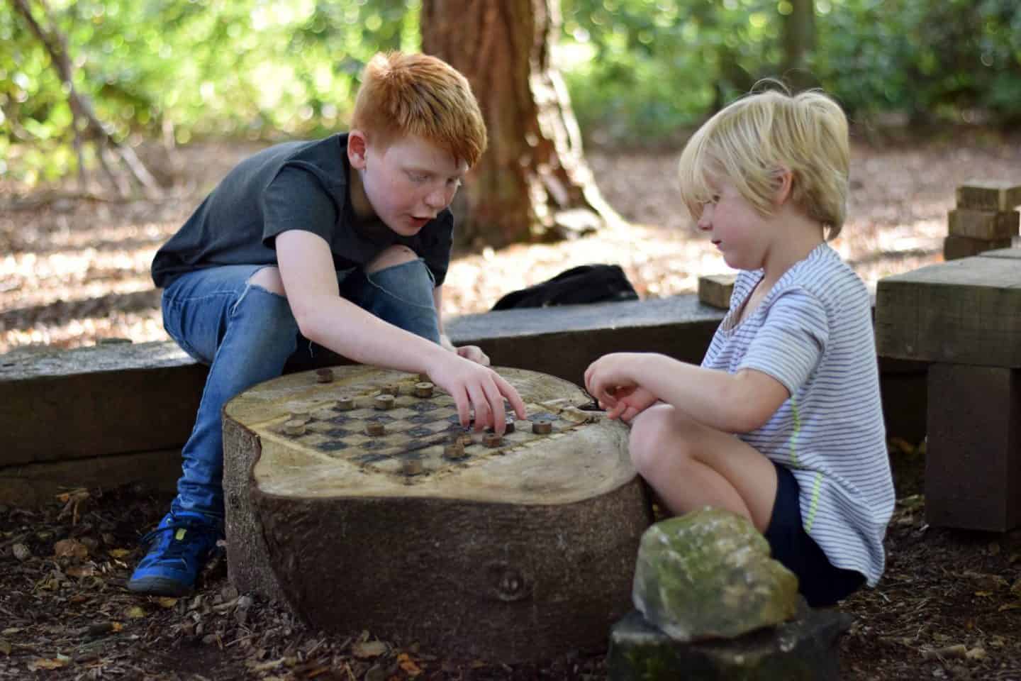 Brother and sister playing with a wooden draughts set in the woods at Darwin Forest
