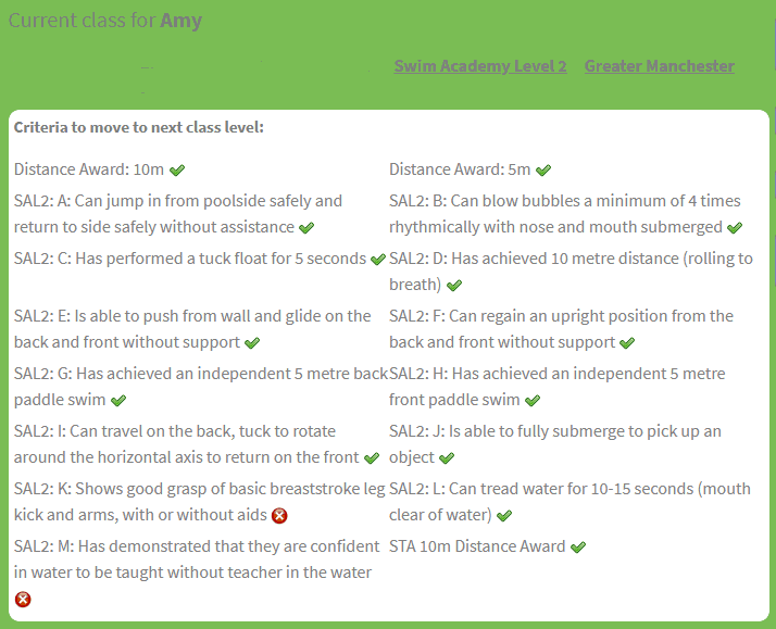 Swim Academy Level 2 criteria