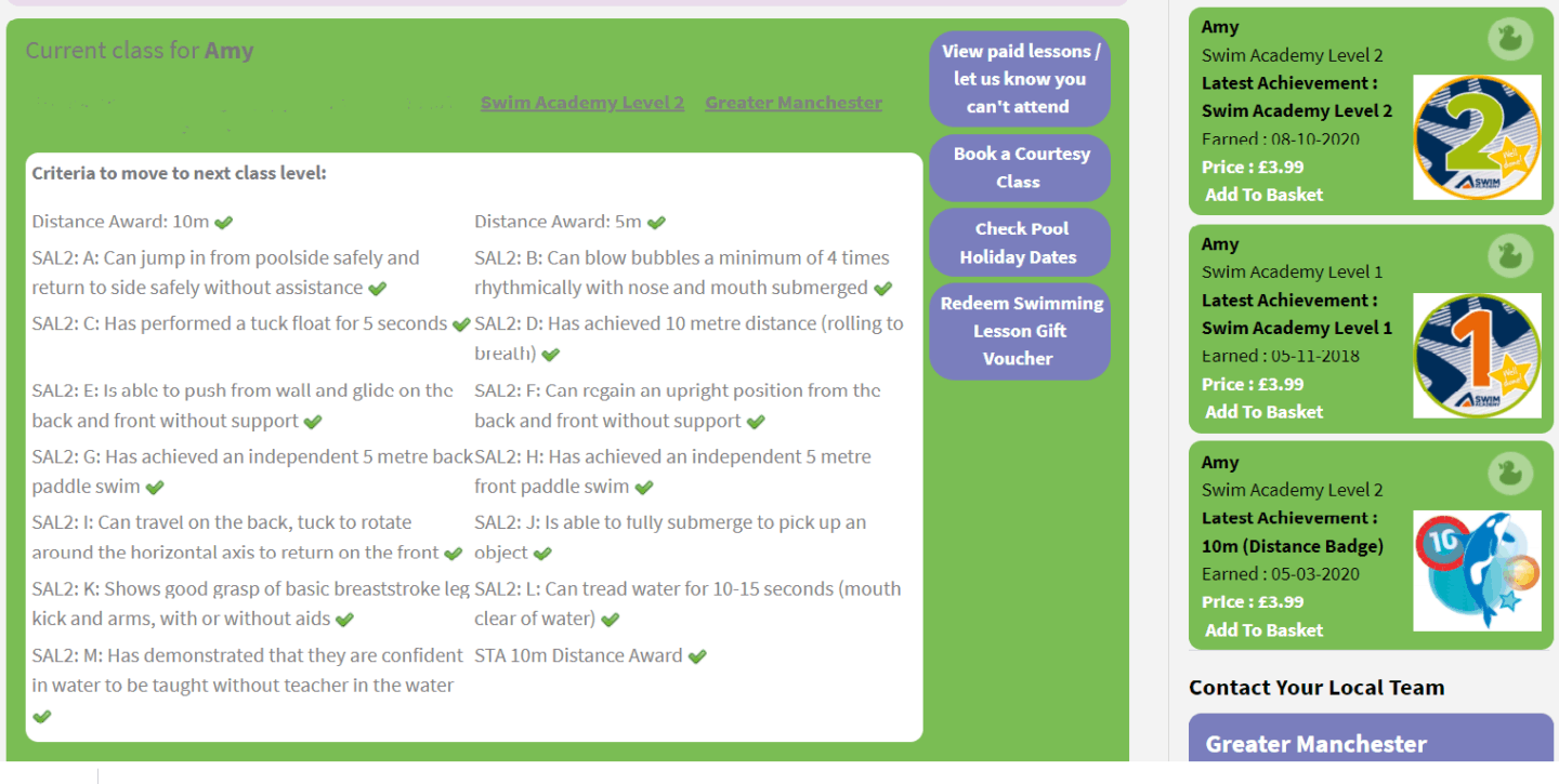 Swim Academy Level 2 assessment criteria completed
