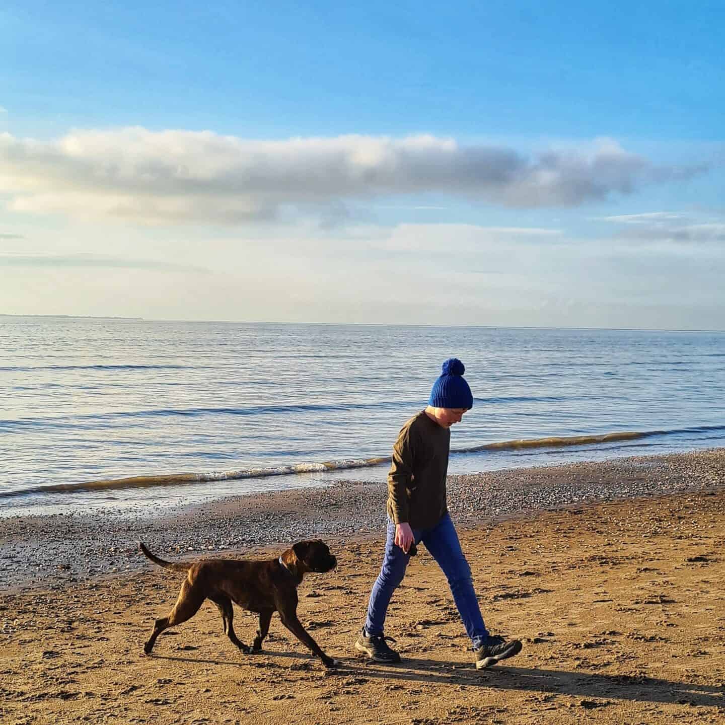 Boy and his puppy on the beach