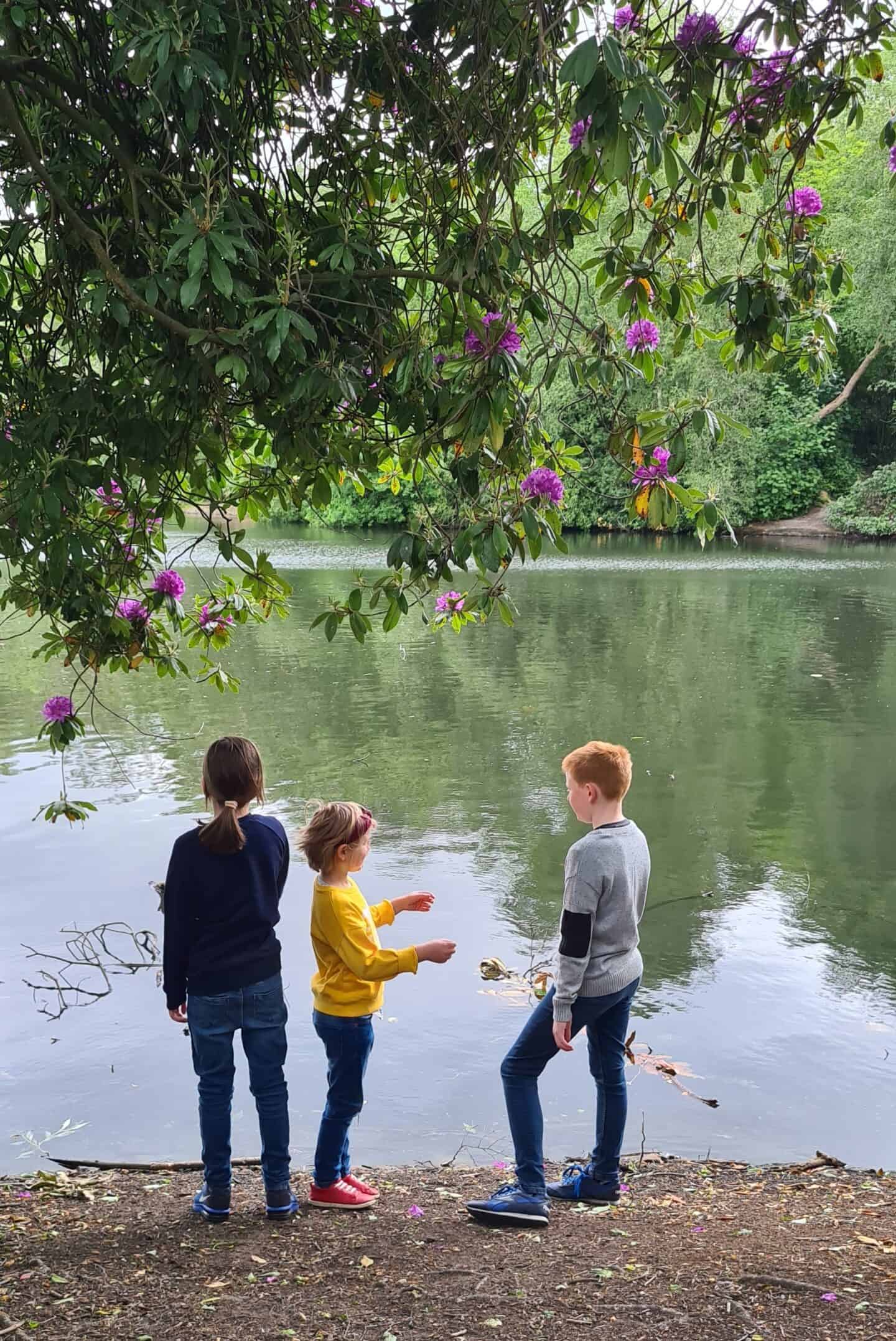 Three children standing by the lake in Heaton Park