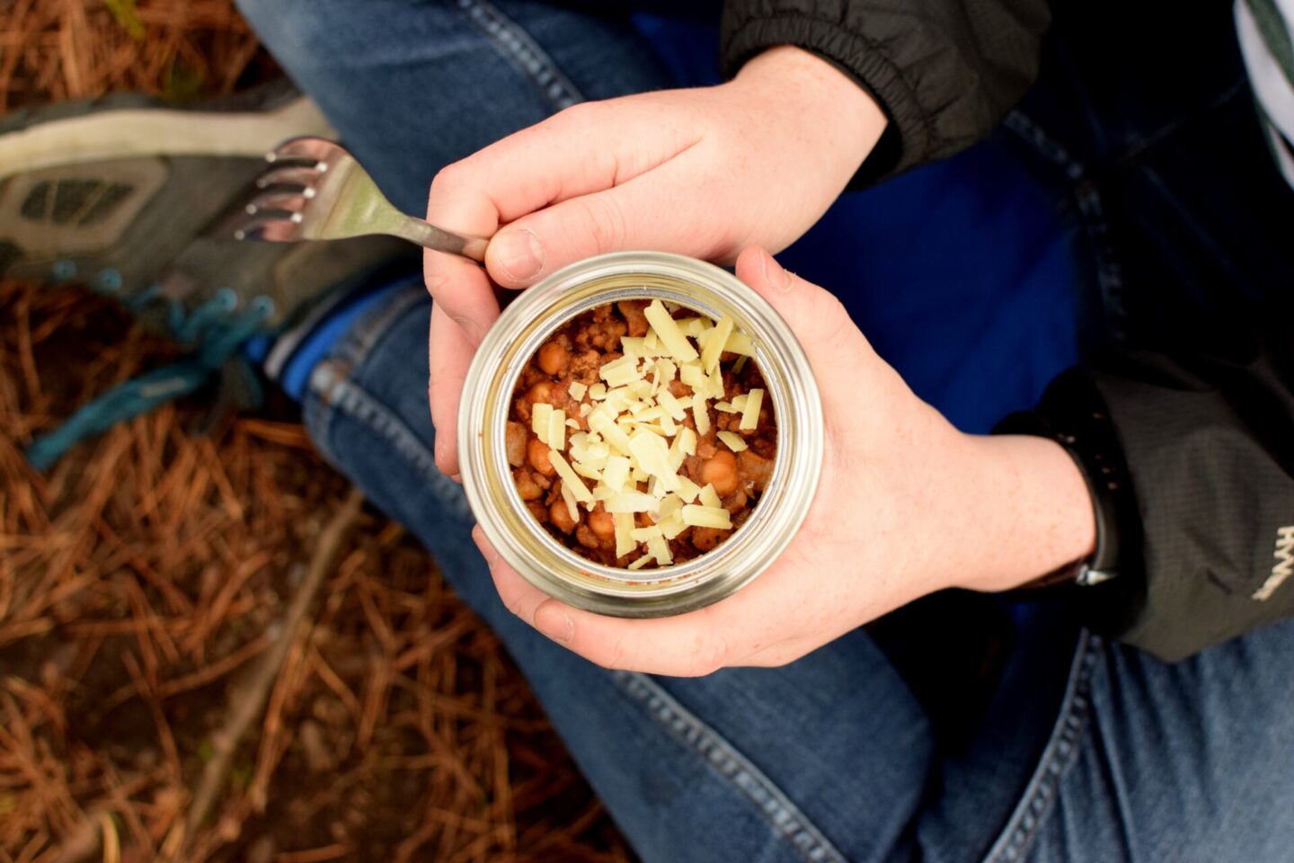Chilli and rice is a great idea for a warm picnic lunch. Ben is using a Contigo food container to keep his lunch hot.