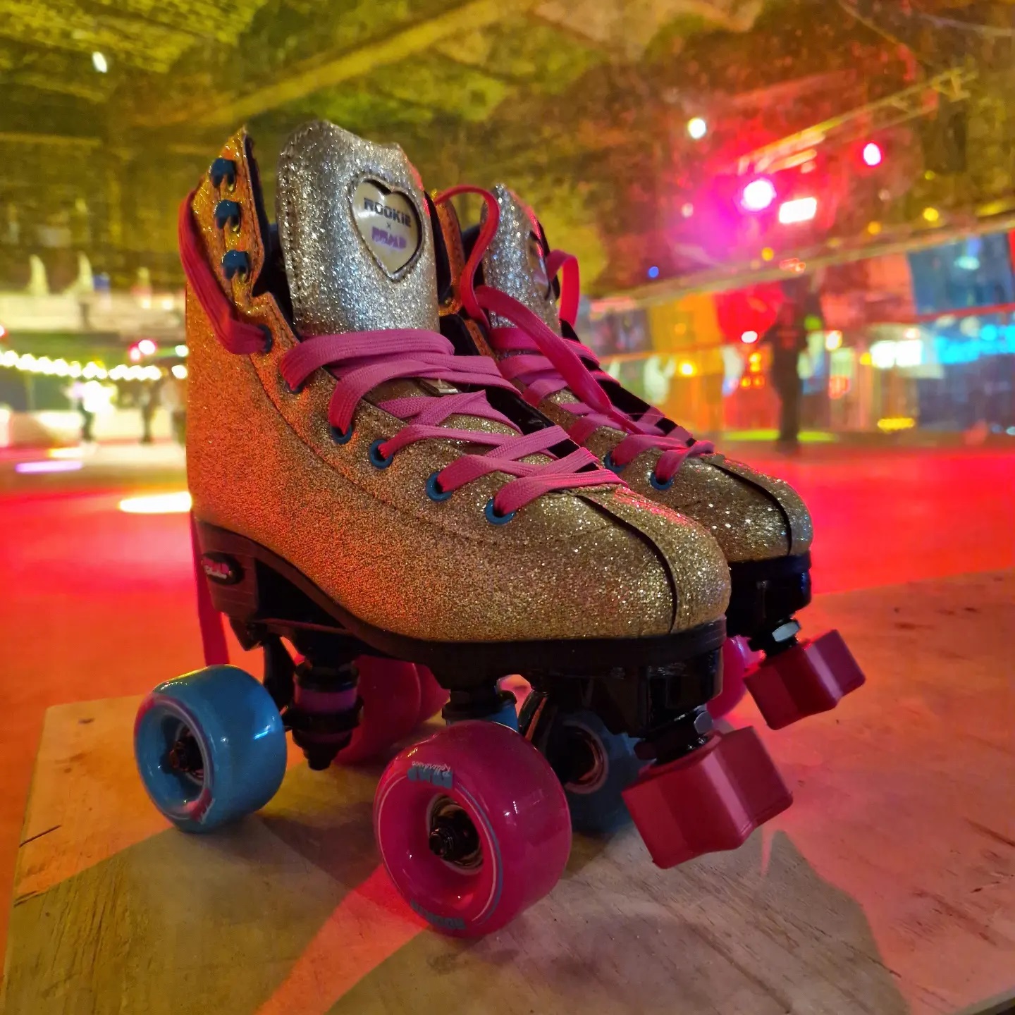 Gold sparkly roller skates at Good Life Skates, Manchester