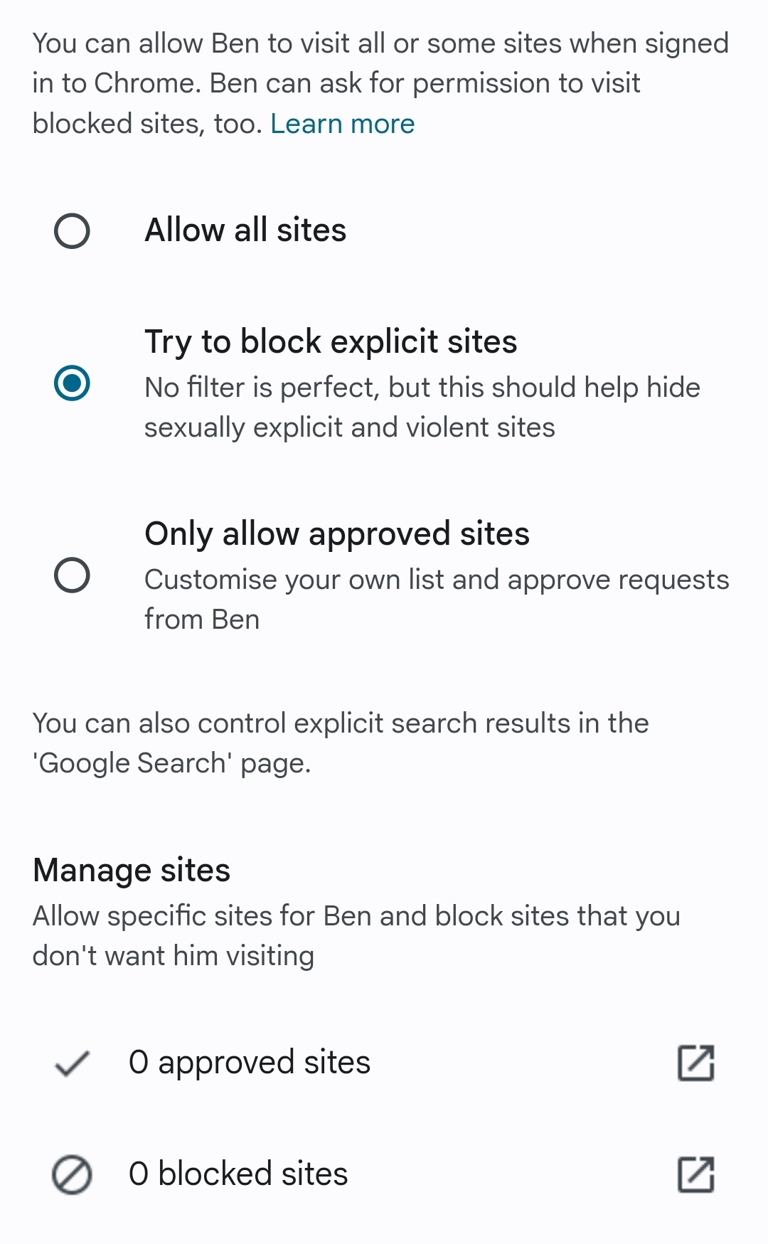Google Family Link allows you to set content restrictions using "SafeSearch" to prevent your children accidentally coming across explicit or inappropriate content.