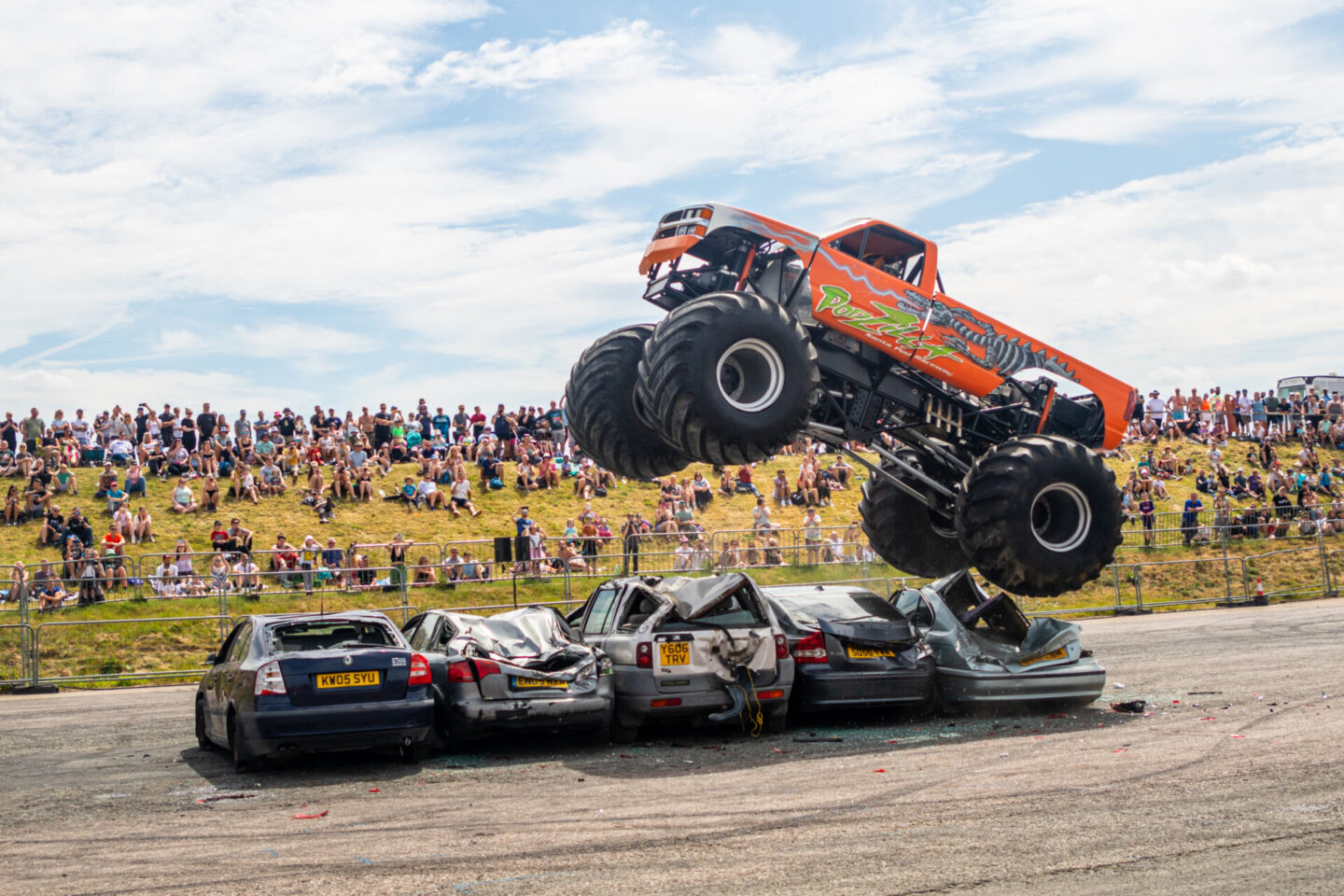 Monster trucks providing entertainment at Bug Jam VW festival