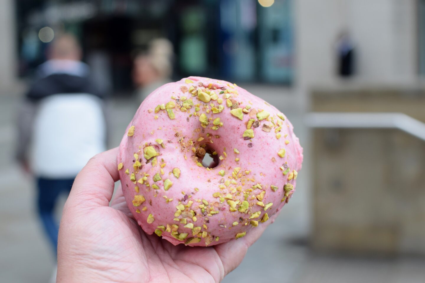 raspberry and pistachio brioche donut from dghnt in Harvey Nichols, Manchester