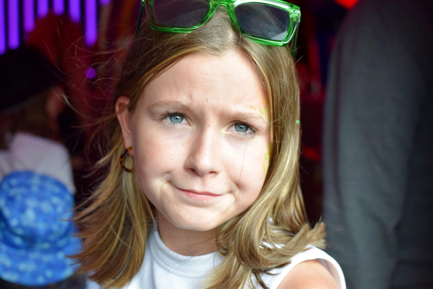 Chloe pulling an unimpressed face at her Dad's old school hip hop rapping