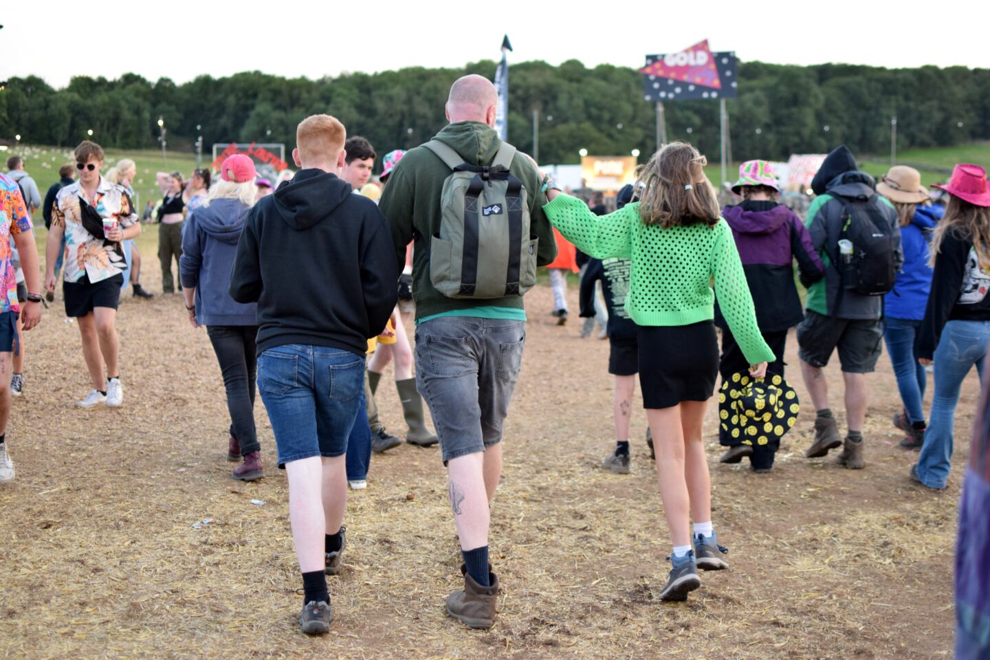 Ben, Dave and Chloe walking to The Quarry stage from the main arena at Y Not Festival 2023