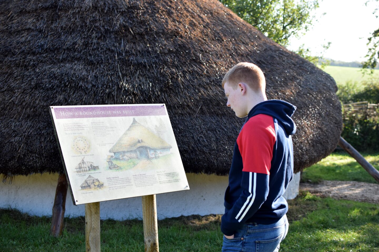 Ben taking the time to read about thatch at Butser Ancient Farm