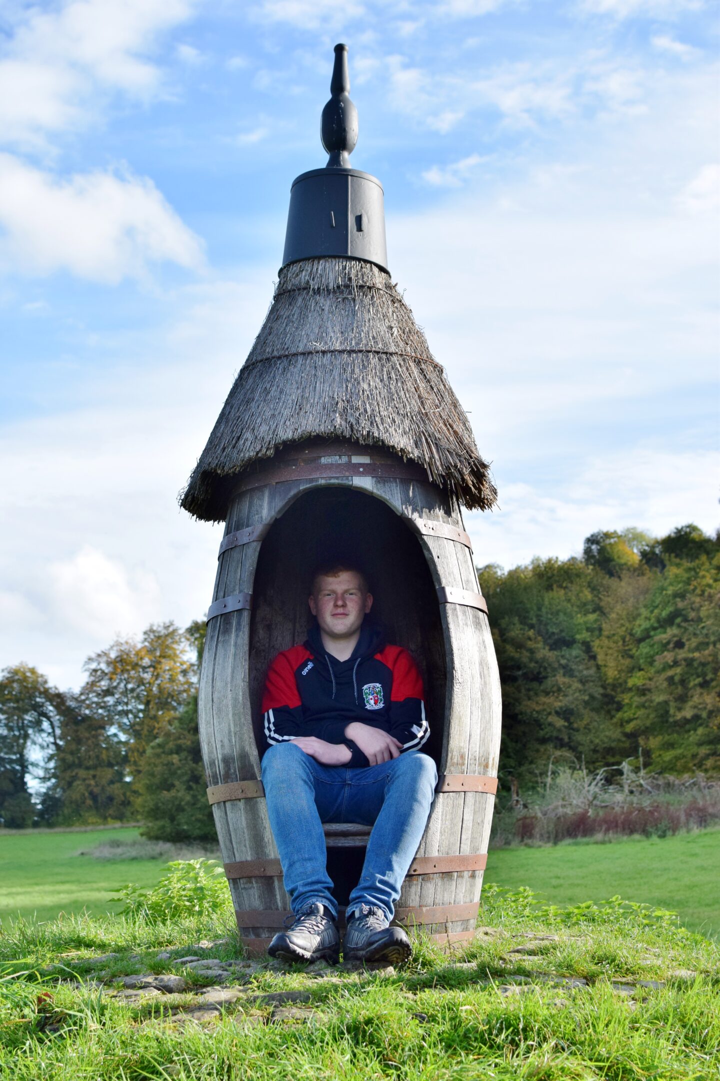 Ben sitting in the revolving wine pipe seat