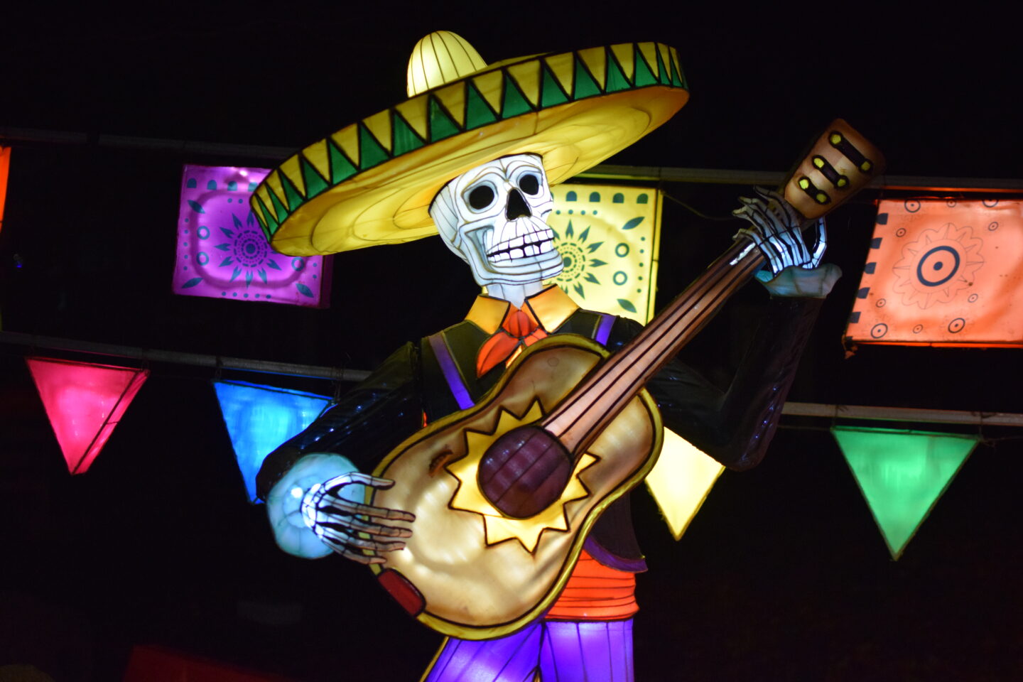 Day of the Dead lantern - skeleton in a Mexican hat playing guitar