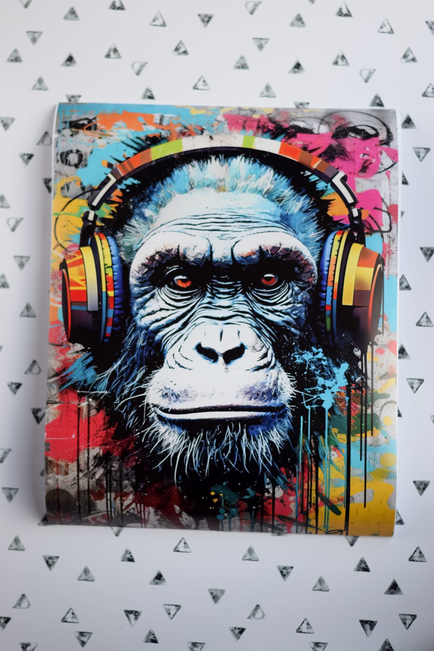 A print of a brightly coloured monkey wearing headphones ready for framing
