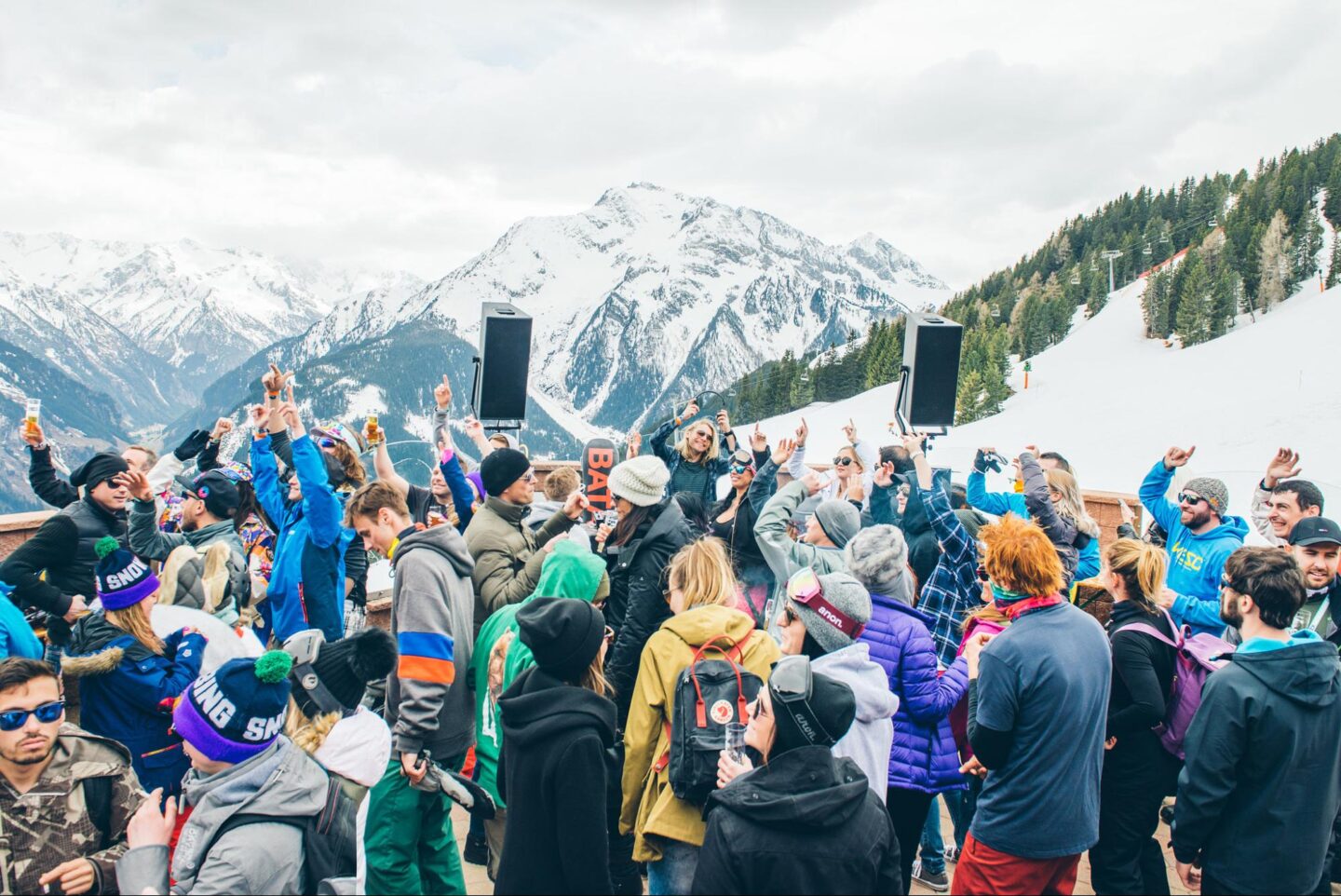 Snowbombing festival - crowd enjoying the music and dancing in the snowy mountains