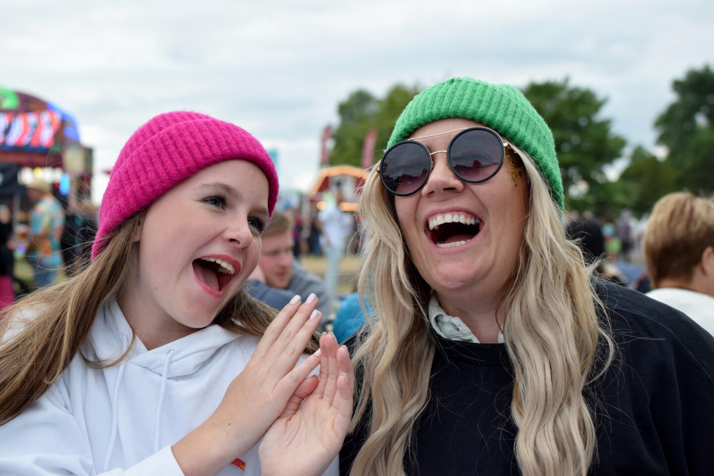 Chloe and Aunty Custard laughing at each other