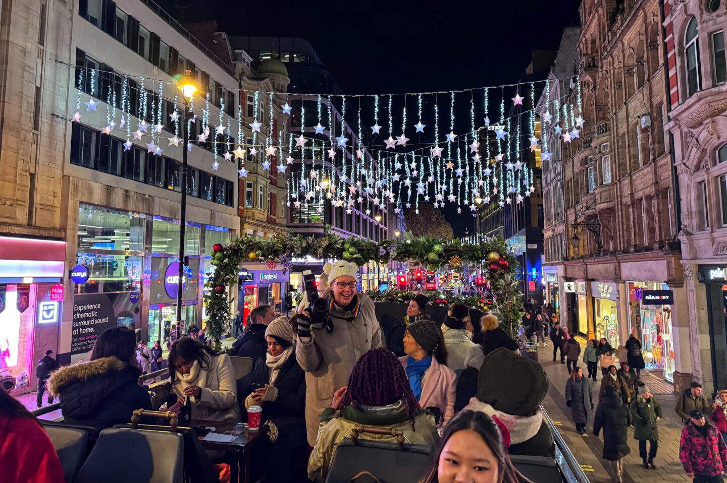 Open top bus tour of London to see the Christmas lights
