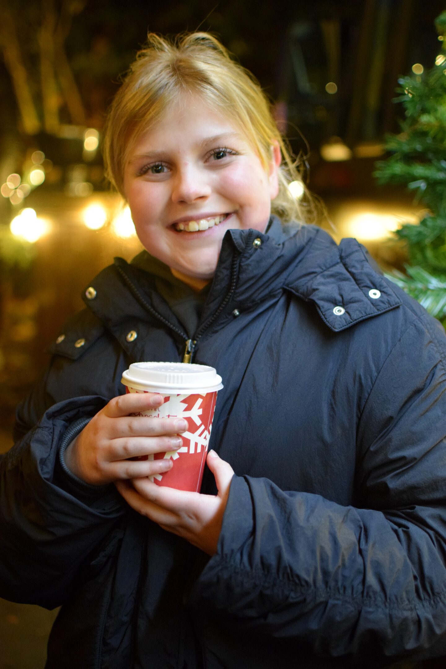 Amy with her hot chocolate Northern Lights Manchester