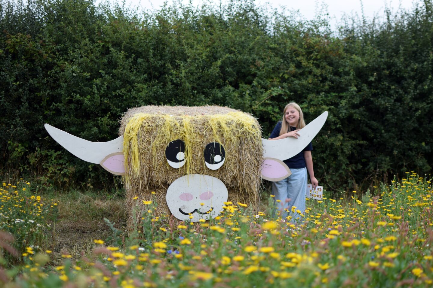 Dunham Massey Ice Cream Farm - Sunflower trail - Amy and a cow bale